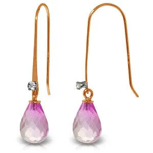 14K Solid Rose Gold Fish Hook Diamond & Pink Topaz Earrings Jewelry