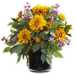 16" Dancing Daisy, Zinnia and Mixed Greens Artificial Arrangement in Black Vase