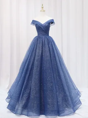 A-Line Dark Blue Tulle Long Prom Dresses, Blue Formal Evening Dress