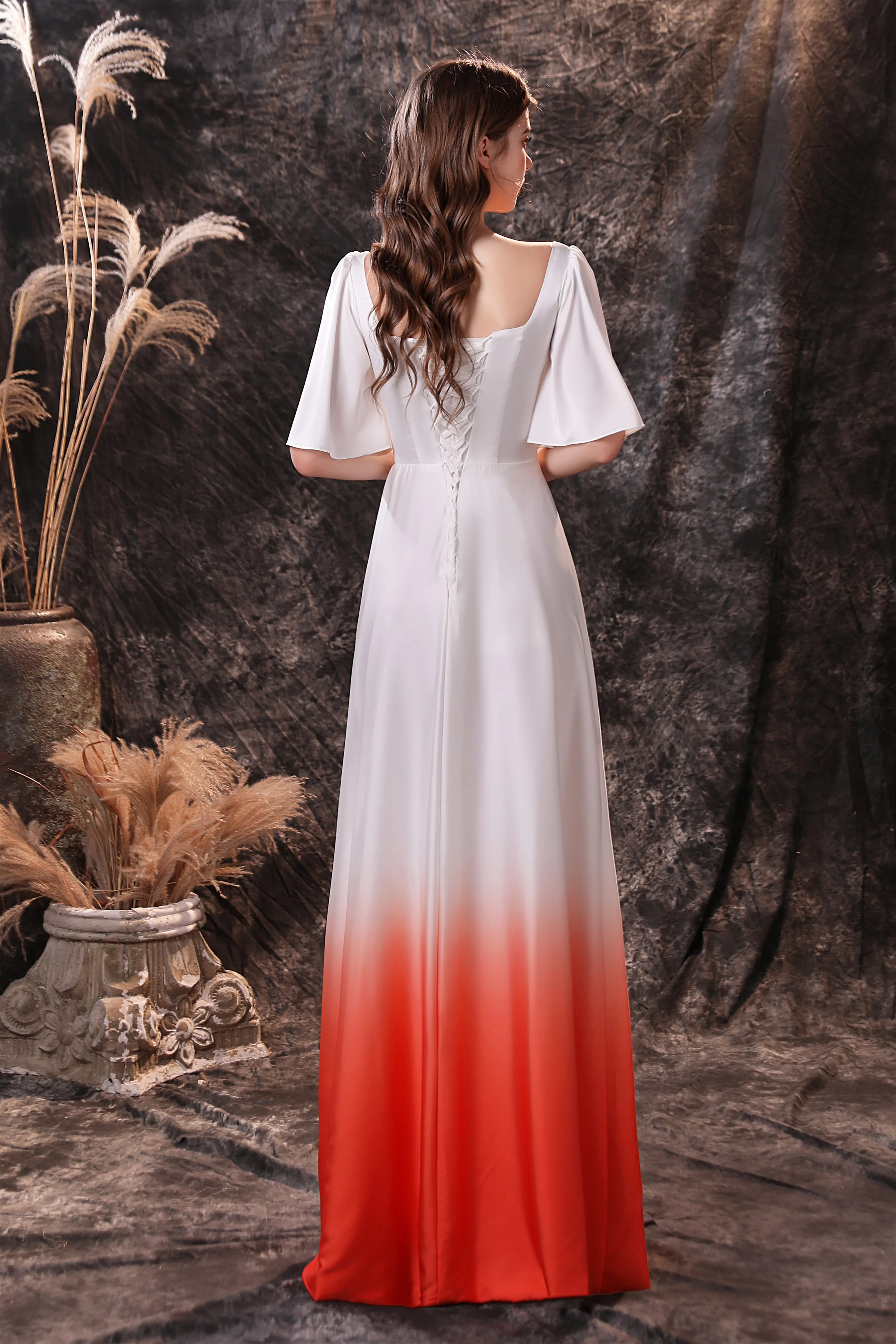 A Line Half Sleeves Ombre Silk Like Satin Floor Length Prom Dresses