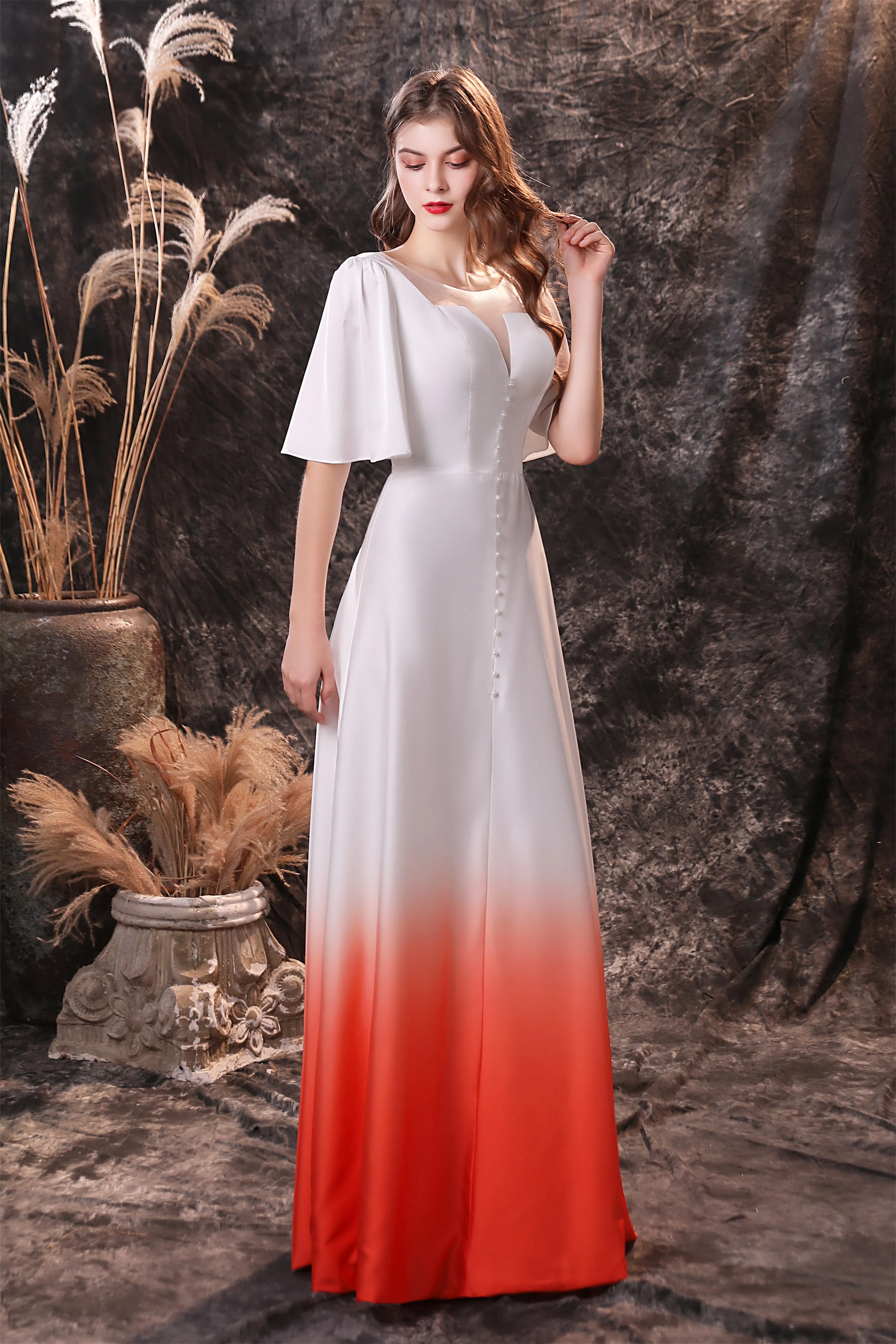 A Line Half Sleeves Ombre Silk Like Satin Floor Length Prom Dresses