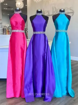 A-line Halter Long Prom Dress Beaded Formal Dresses Satin Evening Dress KPY067