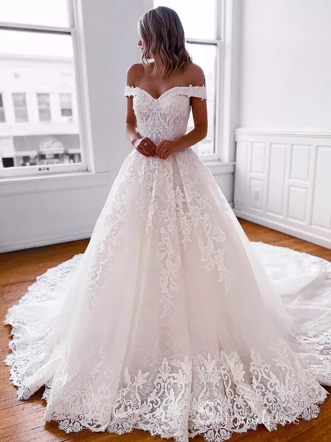 A-line Off-the-shoulder Lace Wedding Dresses White Wedding Gowns CBD483