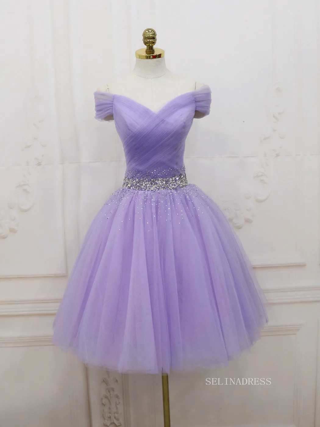 A-line Off-the-shoulder Lilac Cute Homecoming Dress Short Prom Dresses EDS027