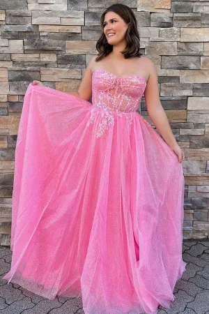 A-line Pink Floral Lace Sweetheart Lace-up Back Shiny Prom Gown #QWE007