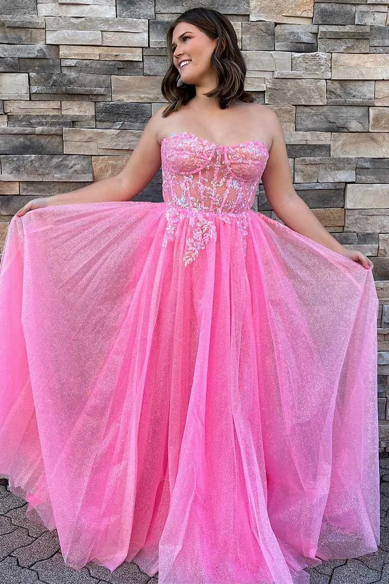 A-line Pink Floral Lace Sweetheart Lace-up Back Shiny Prom Gown #QWE007