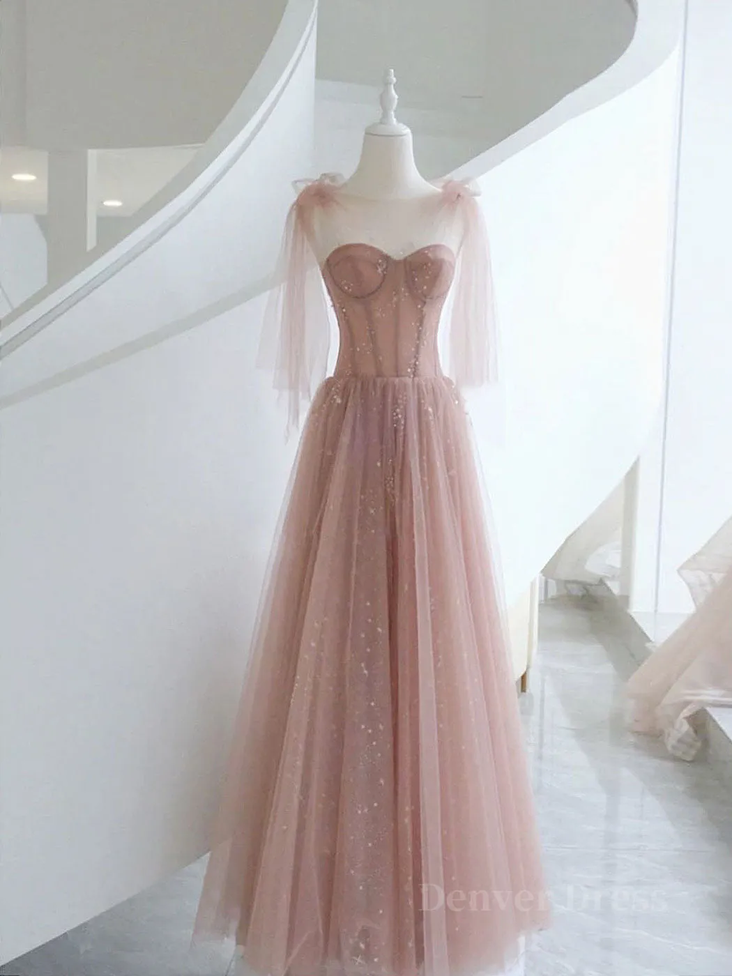 A-Line Pink Round Neck Tulle Long Prom Dresses Pink Formal Evening Dress