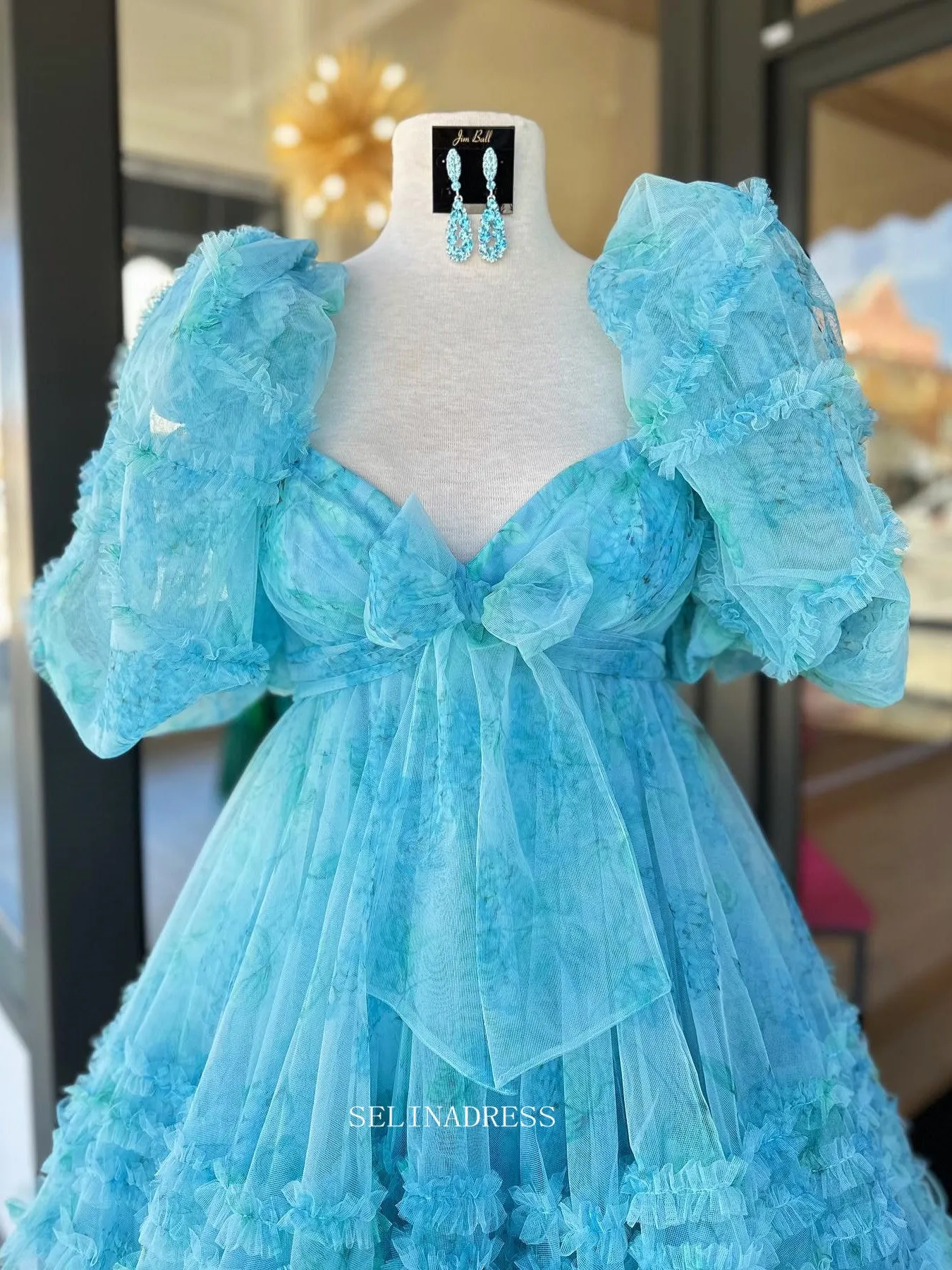 A-line Puff Sleeve Beautiful Blue Short Prom Dress Cute Tulle Homecoming Dress lop248