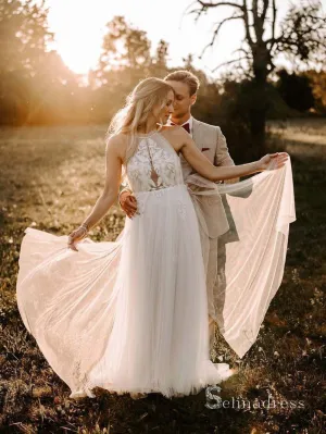 A-line Scoop Sleeveless See Through Rustic Wedding Dresses Beach Bridal Gowns CBD352