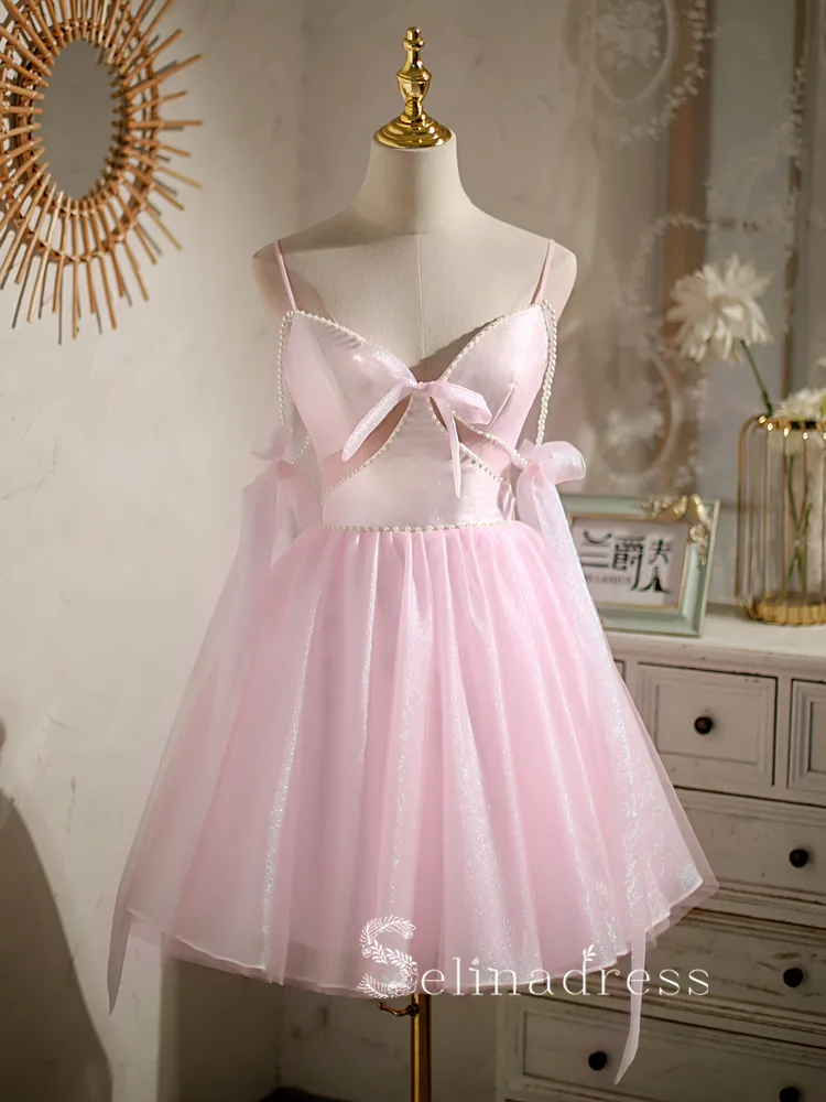 A-line Spaghetti Straps Pink Cute Short Homecoming Dress Summer Outfits THL006