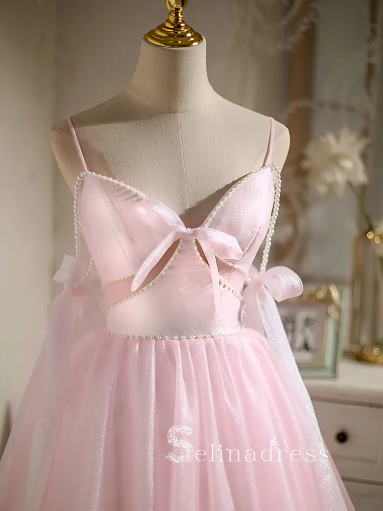 A-line Spaghetti Straps Pink Cute Short Homecoming Dress Summer Outfits THL006