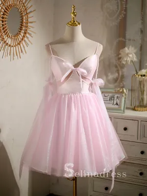 A-line Spaghetti Straps Pink Cute Short Homecoming Dress Summer Outfits THL006