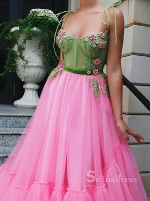 A-line Spaghetti Straps Pink Long Prom Dress Beaded Evening Dresses HLK009