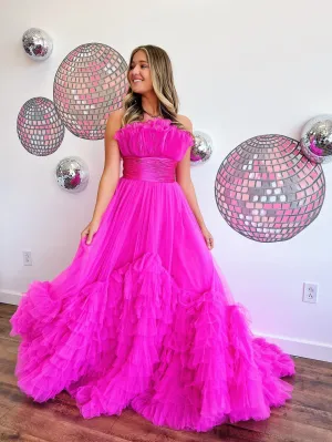 A-Line Strapless Fuchsia Long Prom Dress Tulle Formal Gowns #kop137