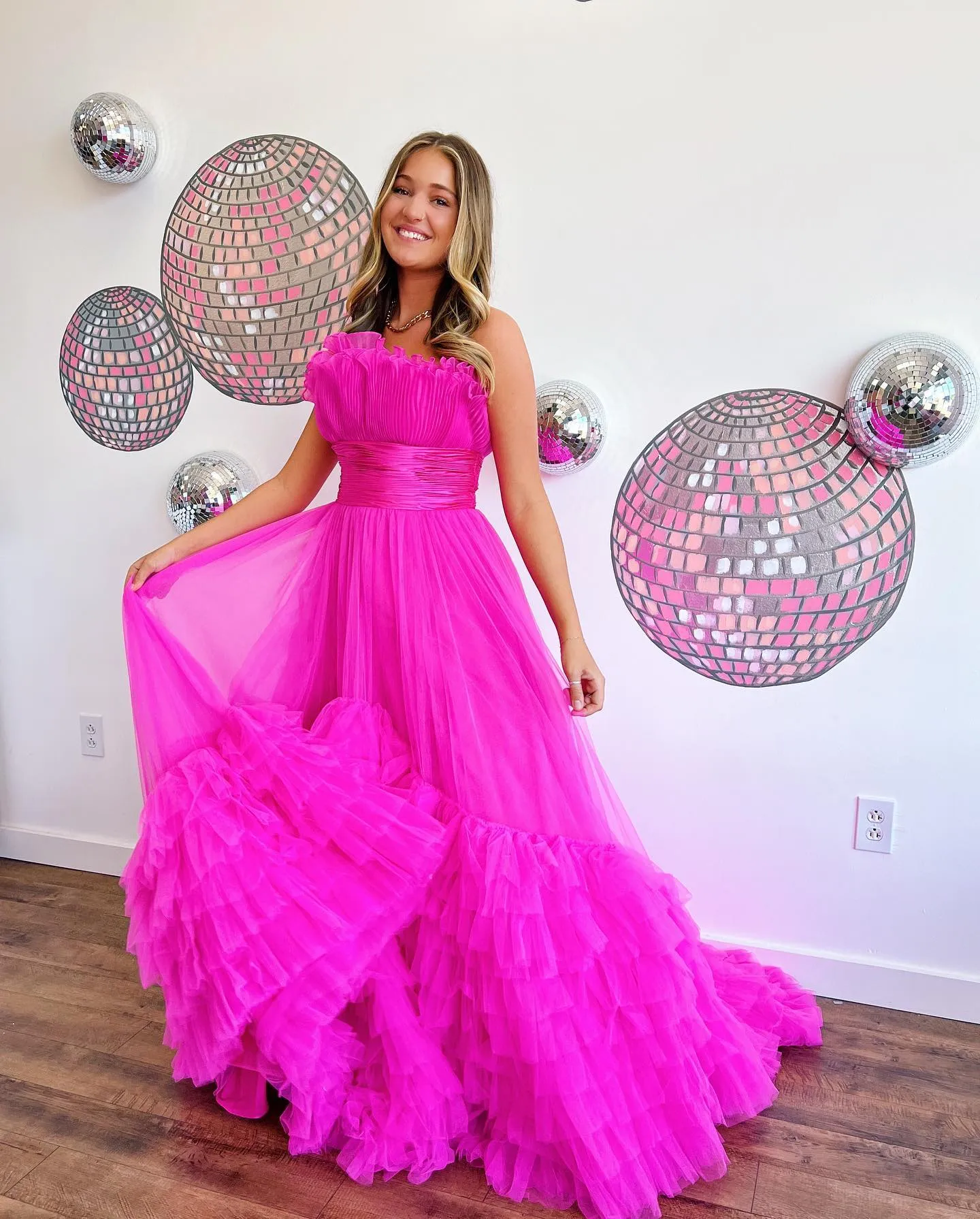 A-Line Strapless Fuchsia Long Prom Dress Tulle Formal Gowns #kop137