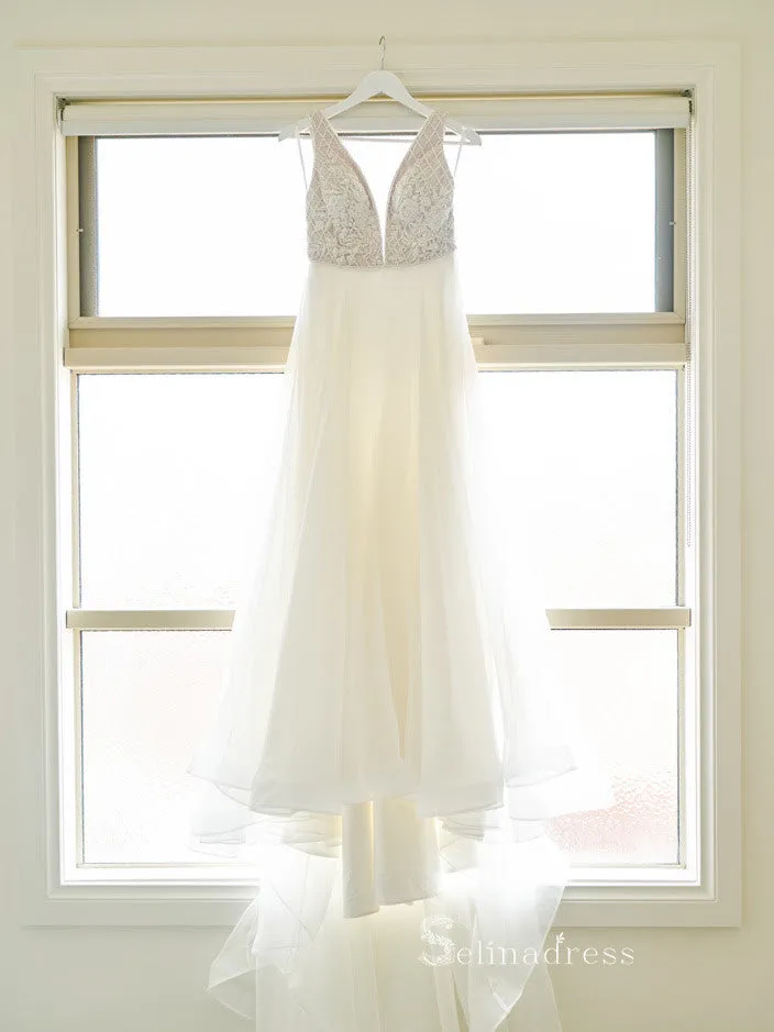 A-line Straps White Beaded Wedding Dresses Cheap Rustic Bridal Gowns MHL2855