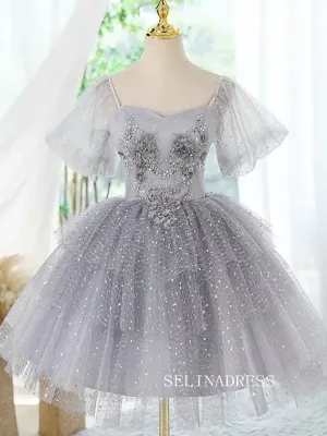 A-Line Tulle Gray Short Prom Dress Cute Lace Homecoming Dress #TKL2117