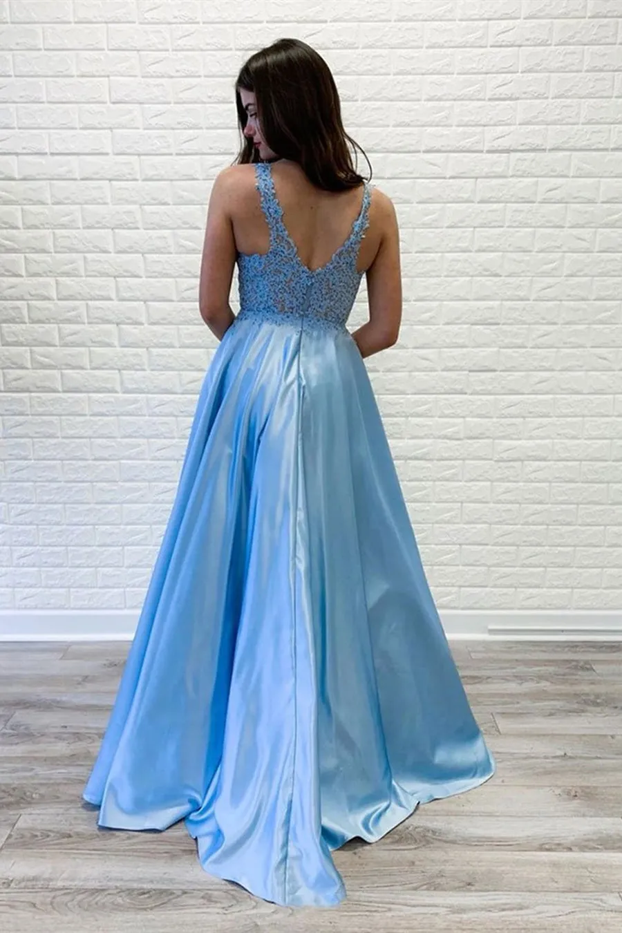 A Line V Neck Light Blue Lace Long Prom Dresses, Light Blue Lace Formal Dresses, Lace Light Blue Evening Dresses