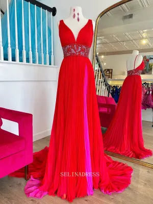 A-line V neck Long Prom Dress Red Beaded Formal Dress Ruffles Evening Dress SED032