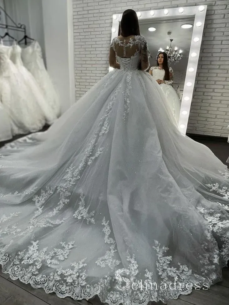 Ball Gown Long Sleeve Applique Lace Wedding Dresses Bridal Gowns MLD001