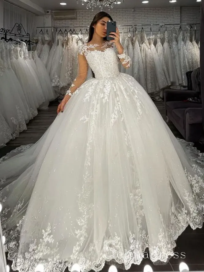 Ball Gown Long Sleeve Applique Lace Wedding Dresses Bridal Gowns MLD001