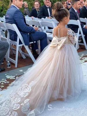 Ball Gown Long Sleeve Applique Tulle Cute Flower Girl Dresses With Bowknot GRS027