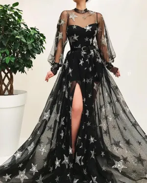 Black High Neck Sparkly Long Sleeve Unique Prom Dress Gorgeous Evening Gowns #SED267