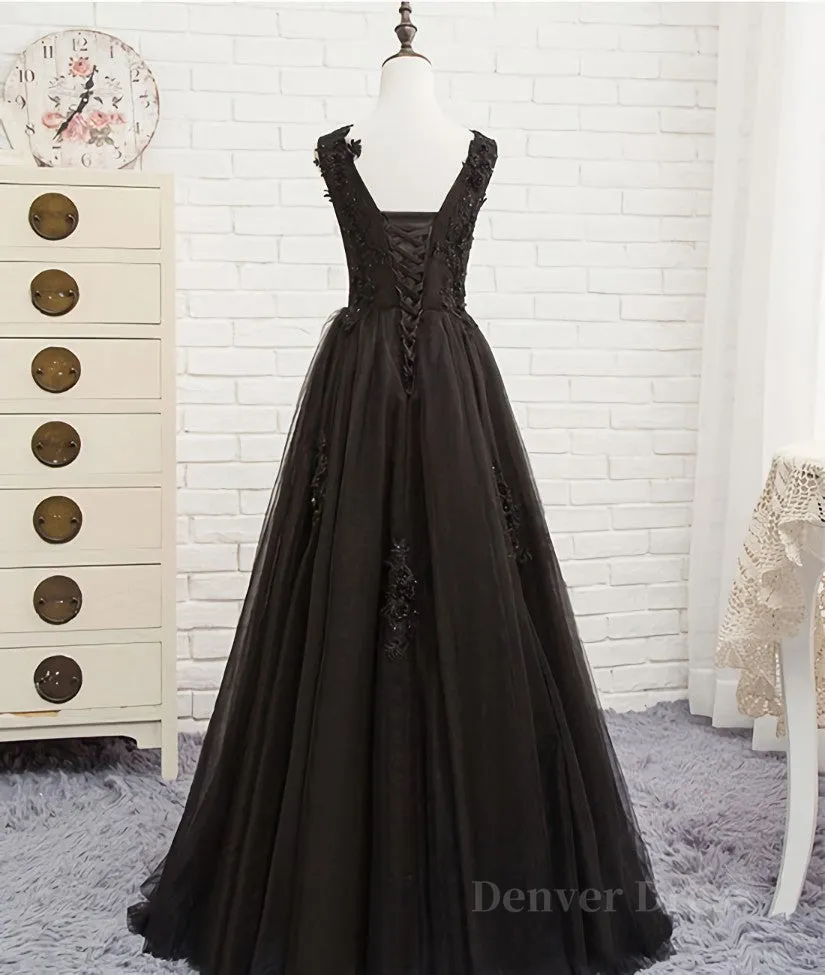 Black round neck tulle lace long prom dress black evening dress