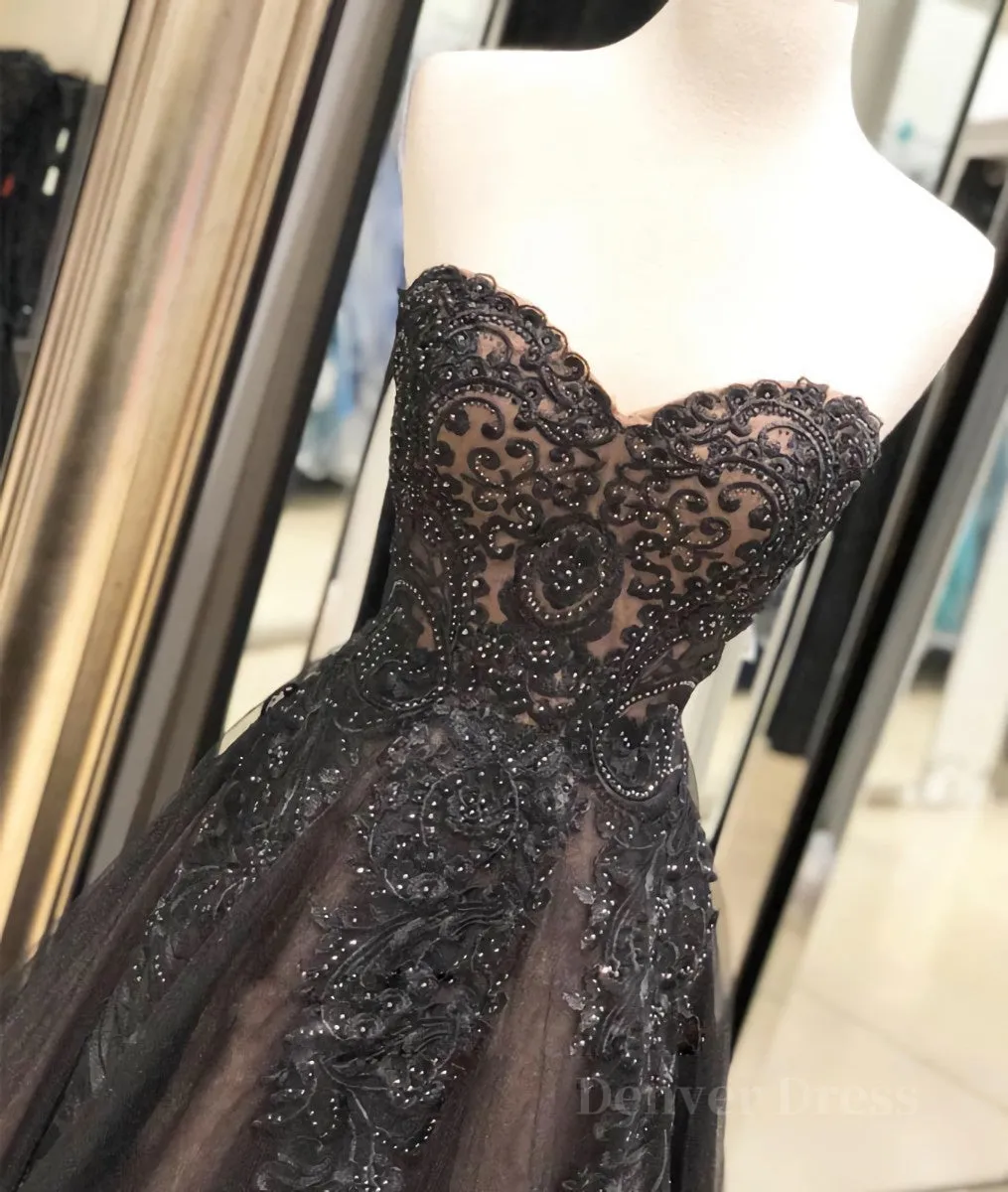 Black sweetheart neck tulle lace long prom dress black evening dress