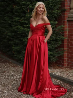 Chic A-line Off-the-shoulder Elegant Red Long Prom Dress Beaded Evening Dress #OPW019