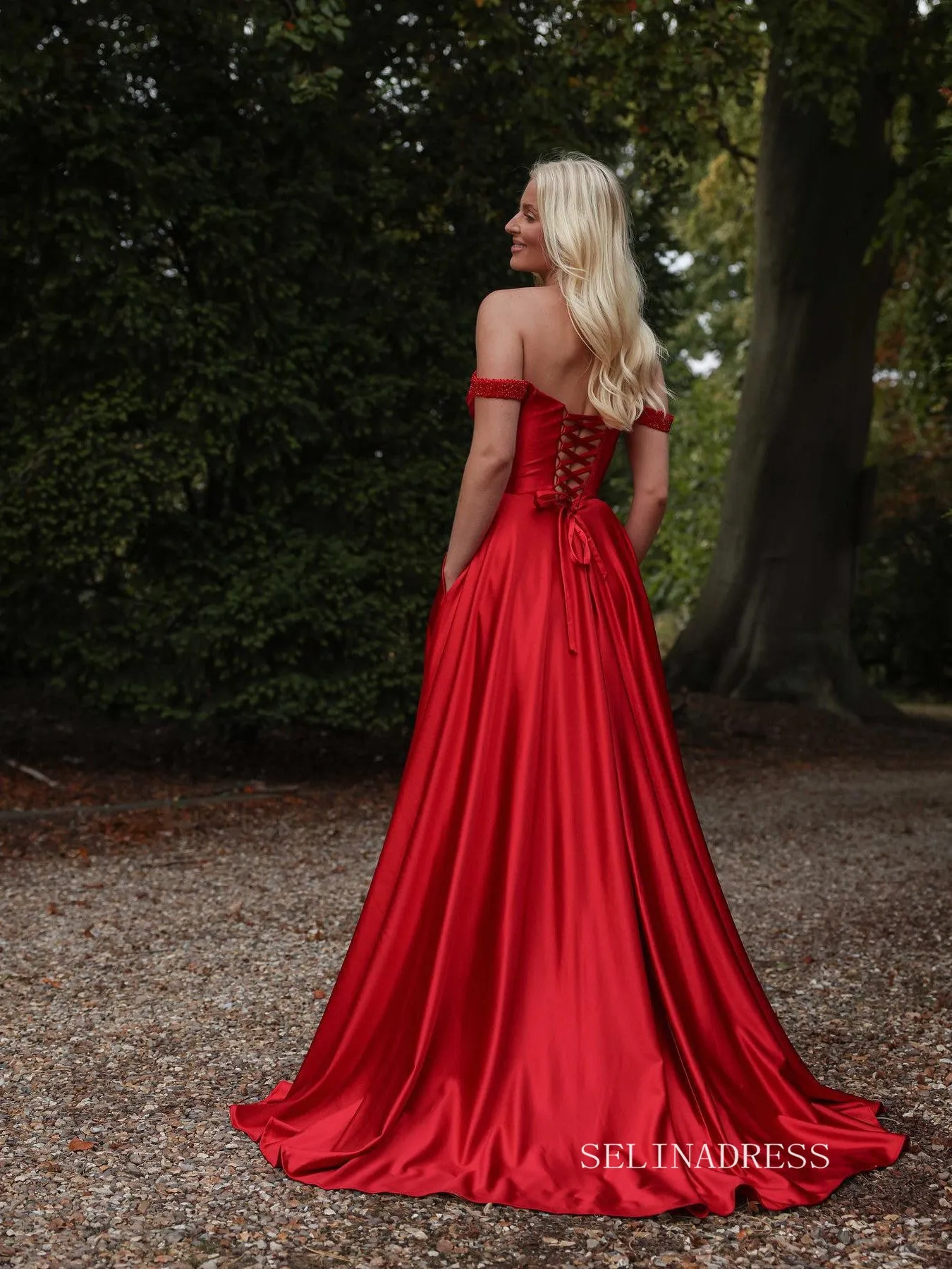 Chic A-line Off-the-shoulder Elegant Red Long Prom Dress Beaded Evening Dress #OPW019