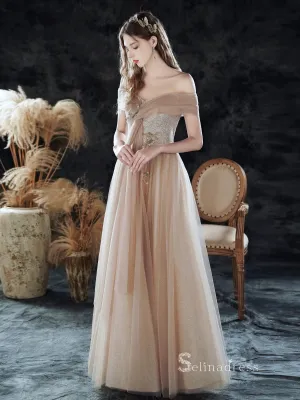 Chic A-line Off-the-Shoulder Long Prom Dresses Unique Formal Gowns CBD134