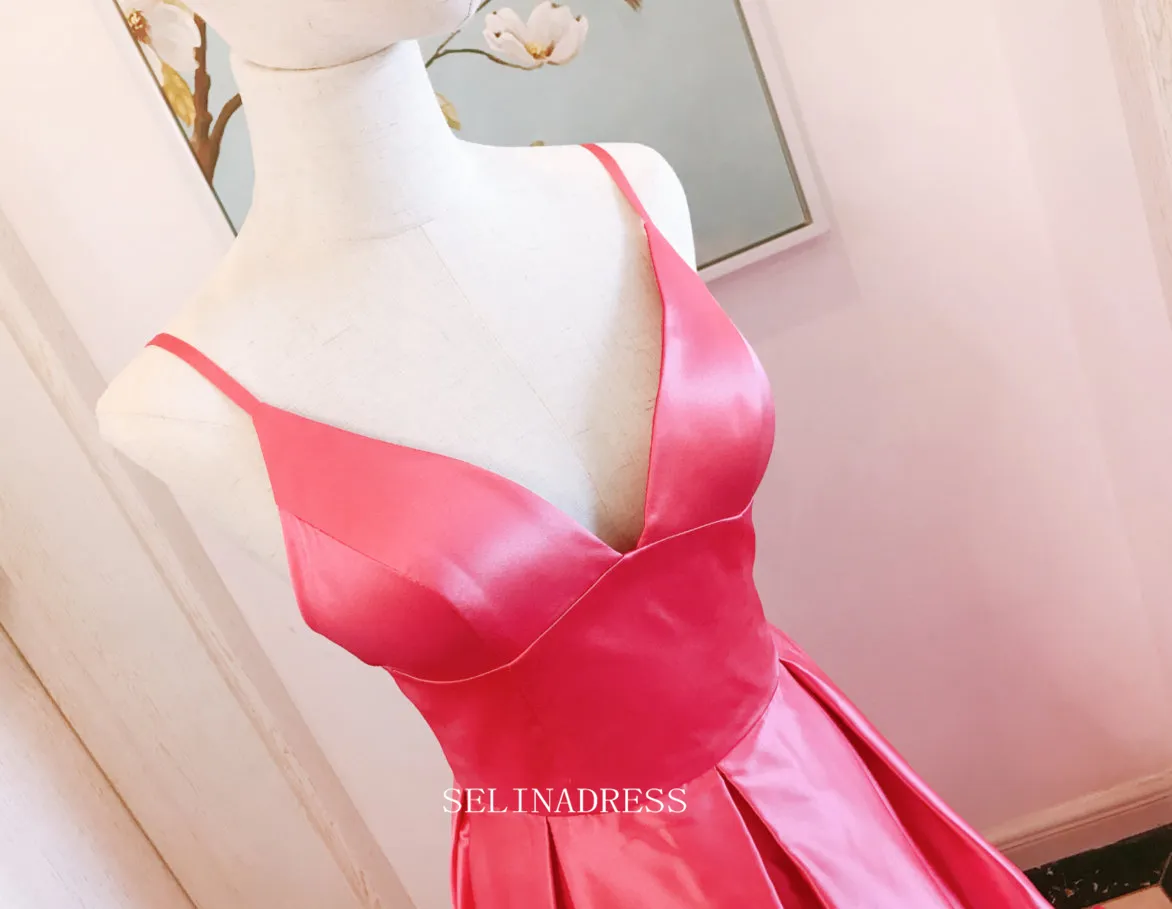 Chic A-line Spaghetti Straps High Slit Fuchsia Long Prom Dresses Satin Bridesmaid Dresses Long Formal Dress OSTY054