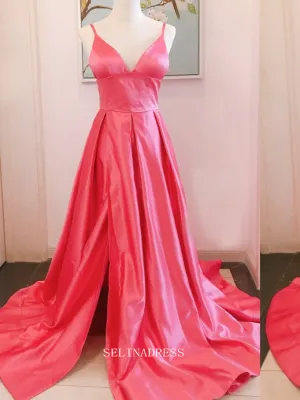 Chic A-line Spaghetti Straps High Slit Fuchsia Long Prom Dresses Satin Bridesmaid Dresses Long Formal Dress OSTY054