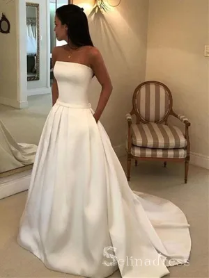 Chic A-line Strapless Satin Sweep Train Wedding Gowns With Pocket CBD226