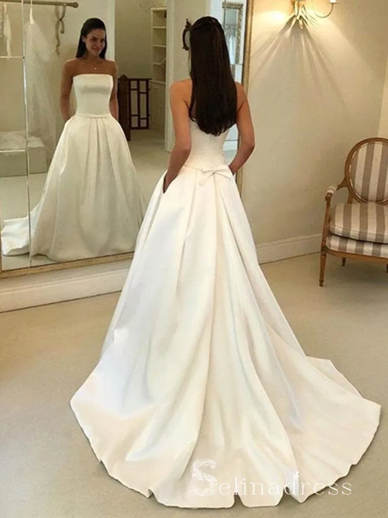 Chic A-line Strapless Satin Sweep Train Wedding Gowns With Pocket CBD226