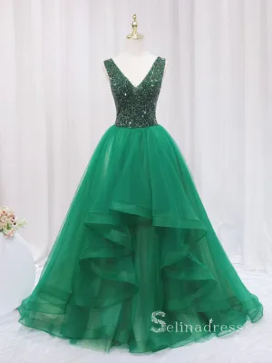 Chic A-line V neck Sparkly Green Long Prom Dresses Beaded Evening Gowns JKR007