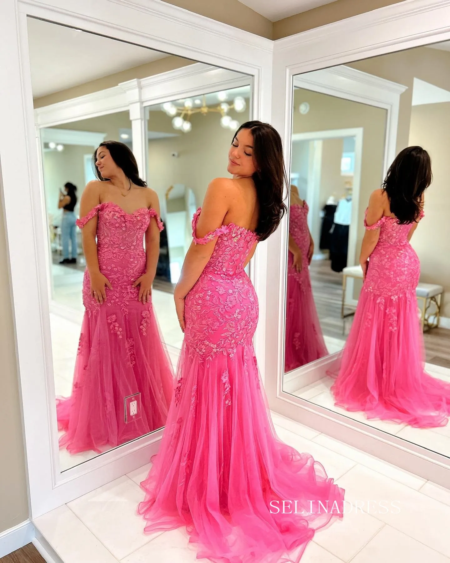 Chic Elegant Mermaid Straps Long Prom Dresses Lace Applique Evening Gown lpk117