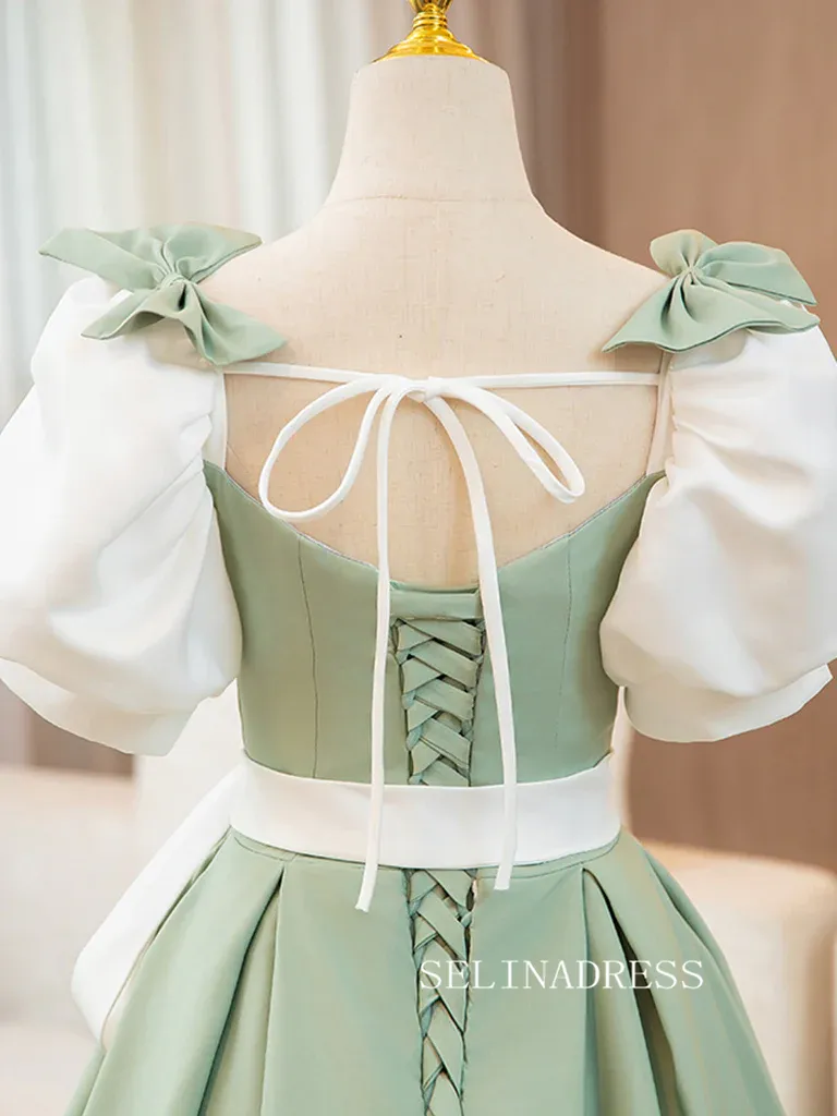 Chic Green Puff Sleeve Short Prom Dress Satin Homecoming Dress #TKL2127