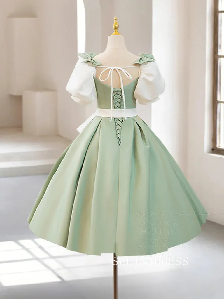 Chic Green Puff Sleeve Short Prom Dress Satin Homecoming Dress #TKL2127