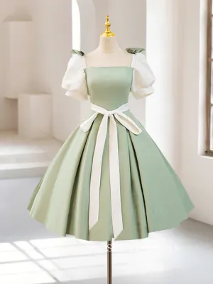 Chic Green Puff Sleeve Short Prom Dress Satin Homecoming Dress #TKL2127