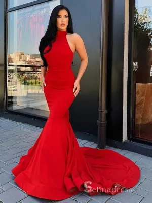 Chic Mermaid High Neck neck Red Prom Dresses Elegant Long Evening Gowns MHL157