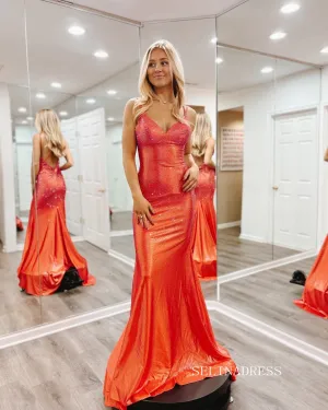 Chic Mermaid Spaghetti Straps Sparkly Long Prom Dress Elegant Formal Dress #LOP800