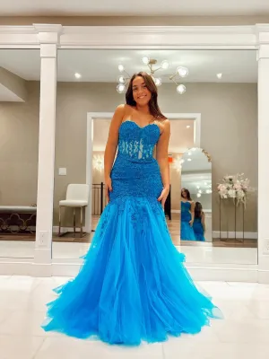 Chic Mermaid Sweetheart Unique Lace Long Prom Dress Blue Evening Gowns MHL2877