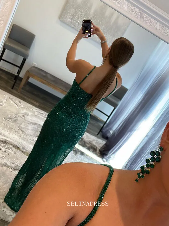 Chic Sheath/Column Straps Green Long Prom Dresses Sequins Evening Dress Formal Dresses TKL076