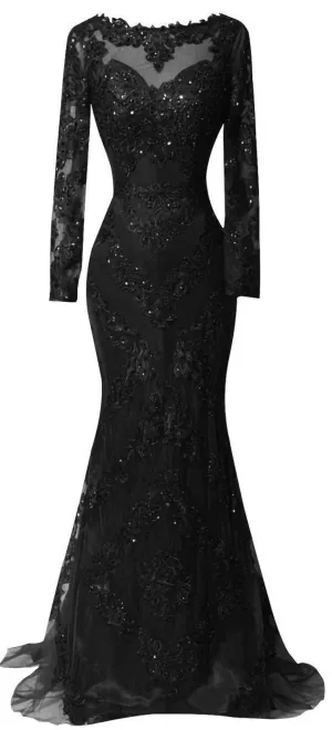 Custom Long Sleeves Prom Dress Charming Beading Evening Dress Lace Mermaid Prom Dress