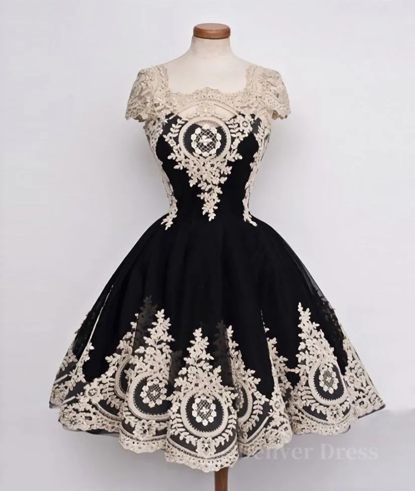 Cute Lace Applique Black Short Prom Dresses Lace Applique Homecoming Dresses