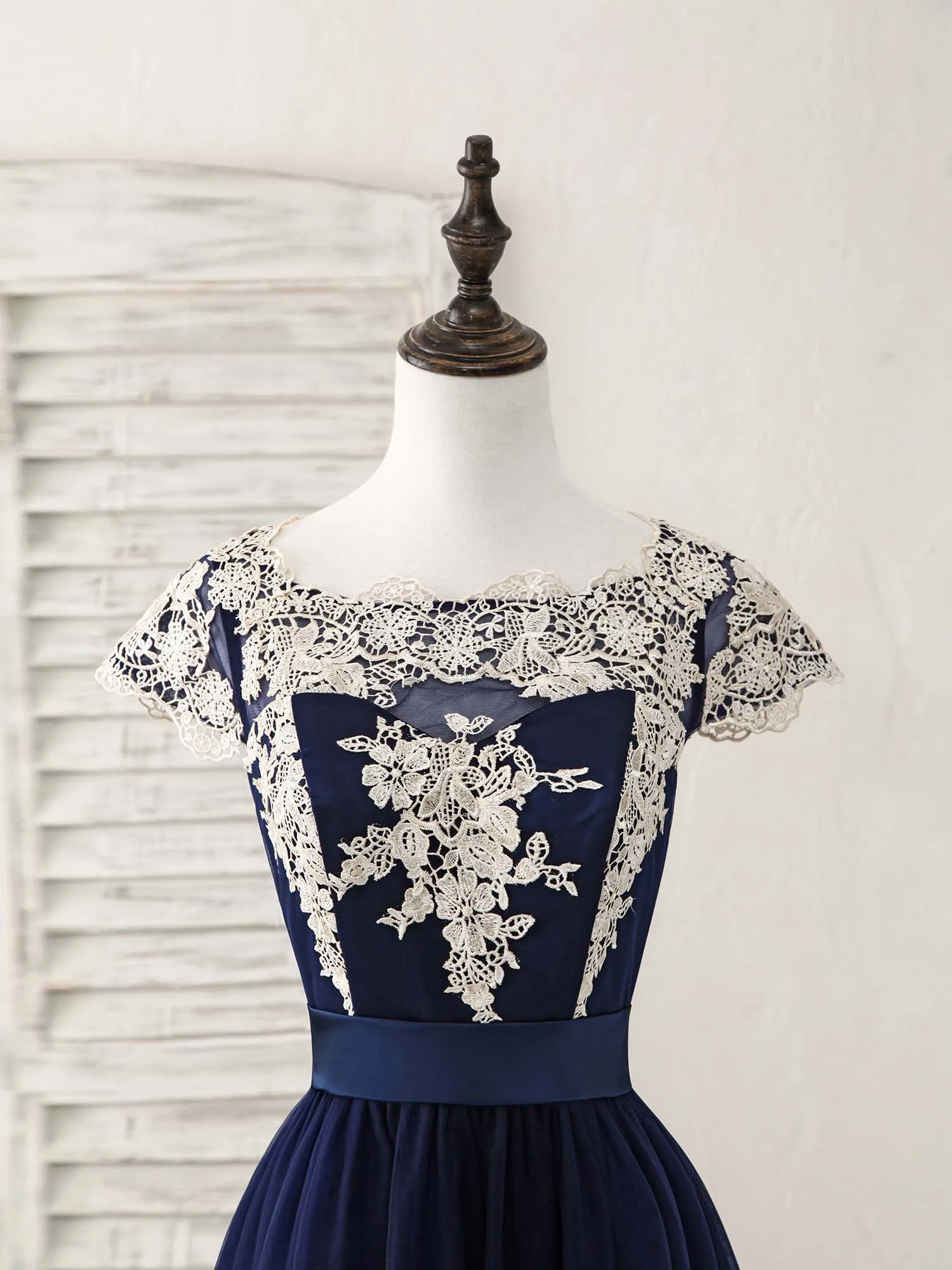 Dark Blue Tulle Lace Applique High Low Prom Dresses