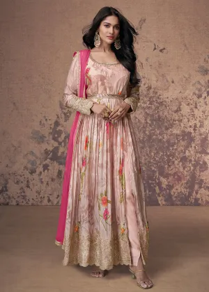 Digital Printed & Zari Embroidered Anarkali Suit in Pink