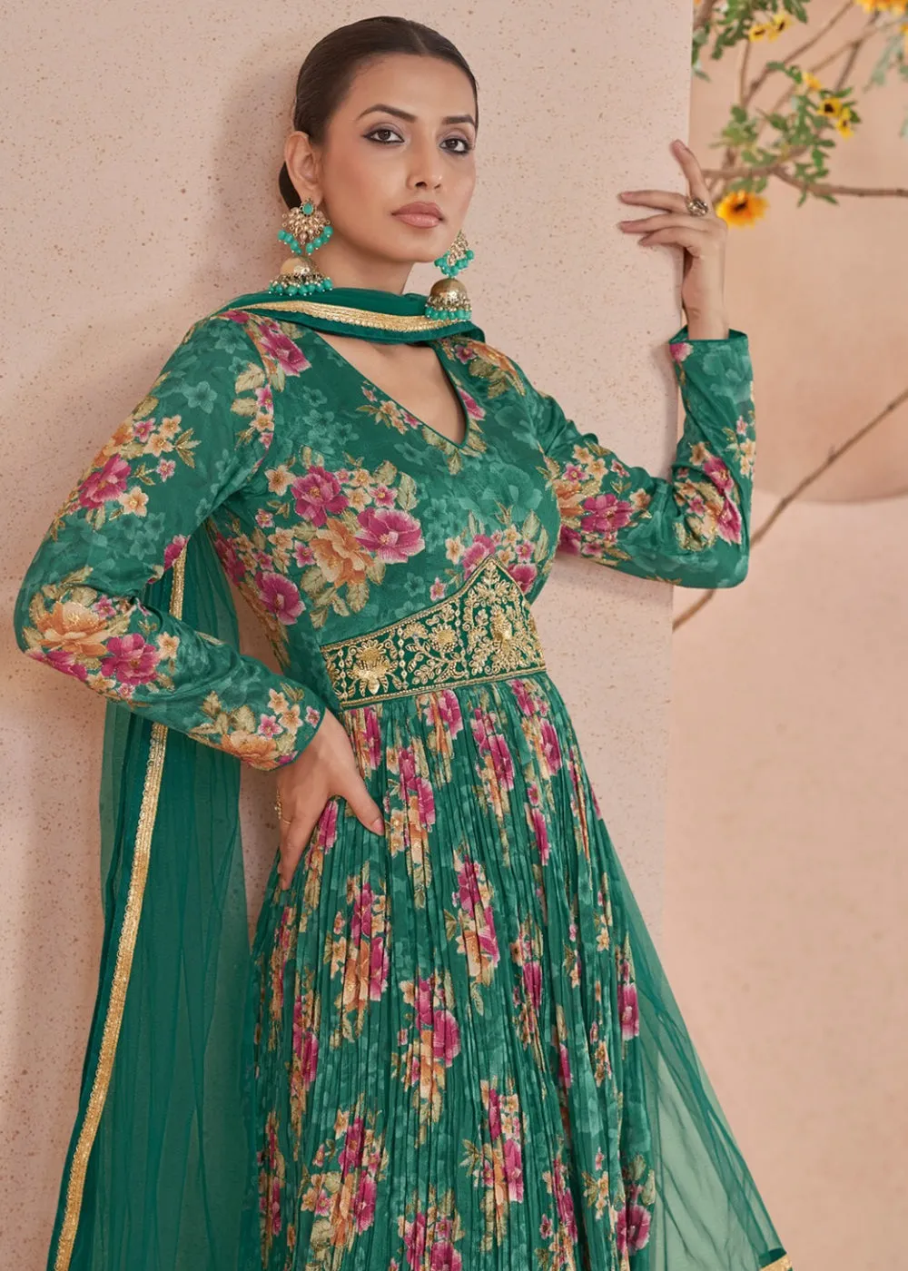 Digital Printed Green Embroidered Wedding Anarkali Gown